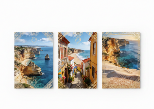 Portuguese coastal triptych canvas wall art set with Azulejo border flat lay on white background - Portugal Canvas Co