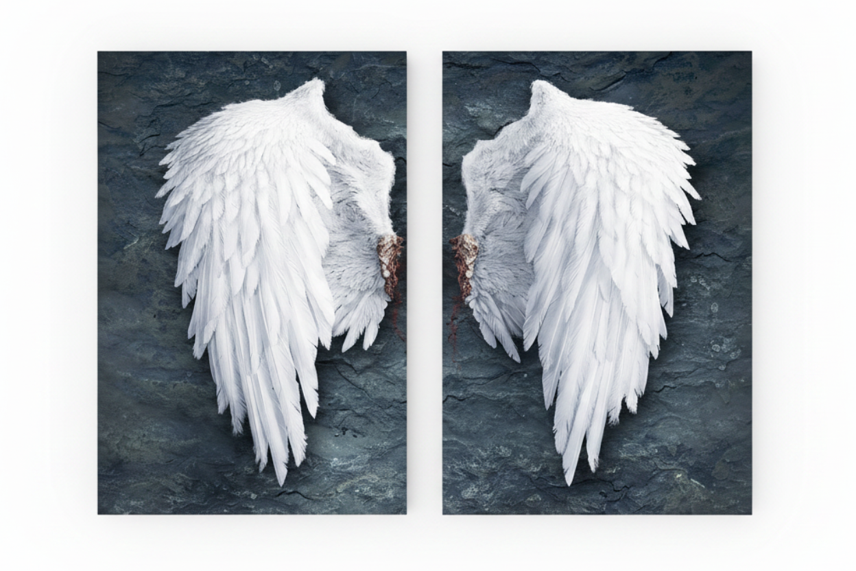 White angel wings diptych canvas wall art two portrait panels on dark slate grey background flat lay on white background - Portugal Canvas Co