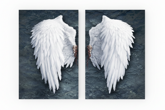 White angel wings diptych canvas wall art two portrait panels on dark slate grey background flat lay on white background - Portugal Canvas Co