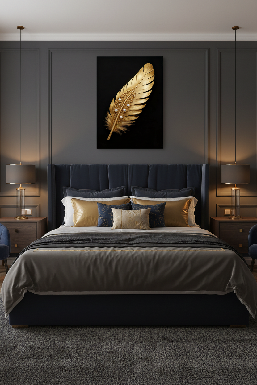 Golden angel feather with pearl embellishments canvas wall art displayed above the bed in a luxurious dark bedroom with charcoal walls and gold accent pillows - Portugal Canvas Co