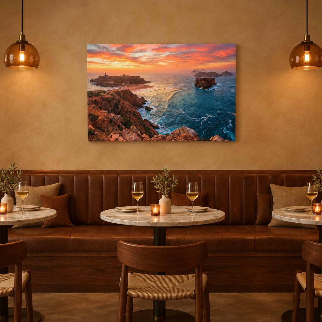 Algarve sunset coastline canvas above banquette in coastal wine bar - Portugal Canvas Co