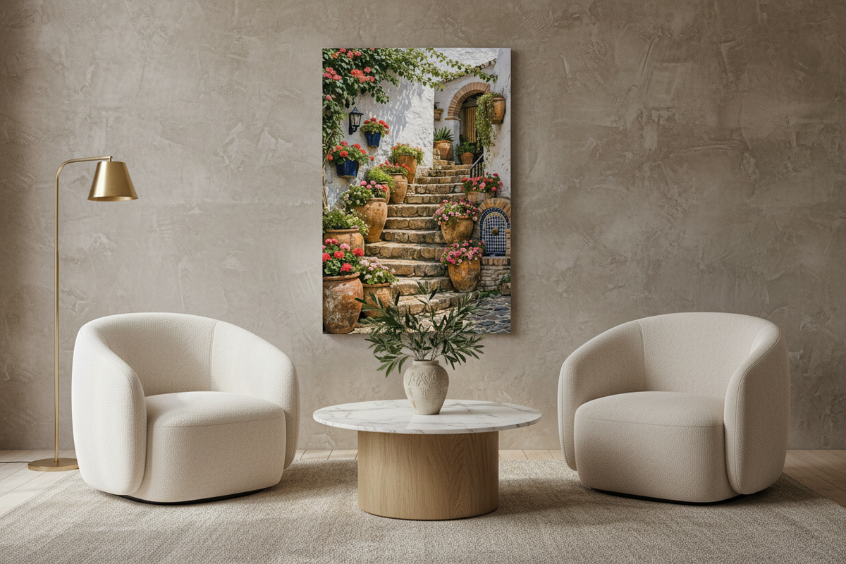 Mediterranean staircase canvas wall art on a feature wall in a refined living room with boucle chairs - Portugal Canvas Co