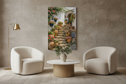 Mediterranean staircase canvas wall art on a feature wall in a refined living room with boucle chairs - Portugal Canvas Co