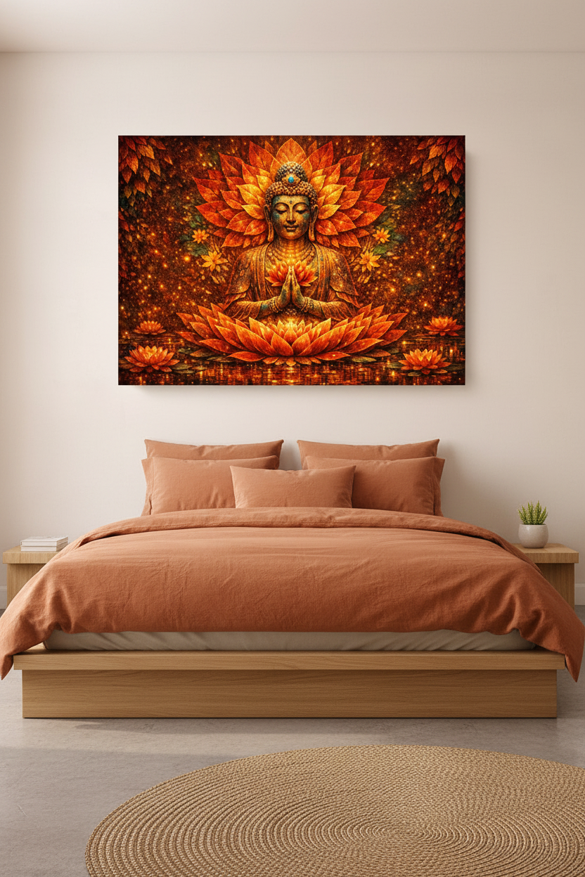Radiant Buddha meditation golden lotus energy canvas wall art above a wooden platform bed with terracotta linen in a serene minimalist bedroom - Portugal Canvas Co