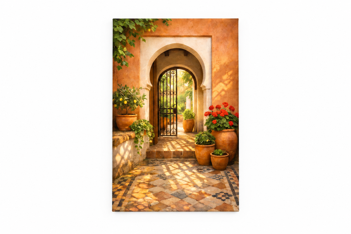 Moorish arched courtyard gate canvas print with terracotta pots and red geraniums, flat lay on white background - Portugal Canvas Co