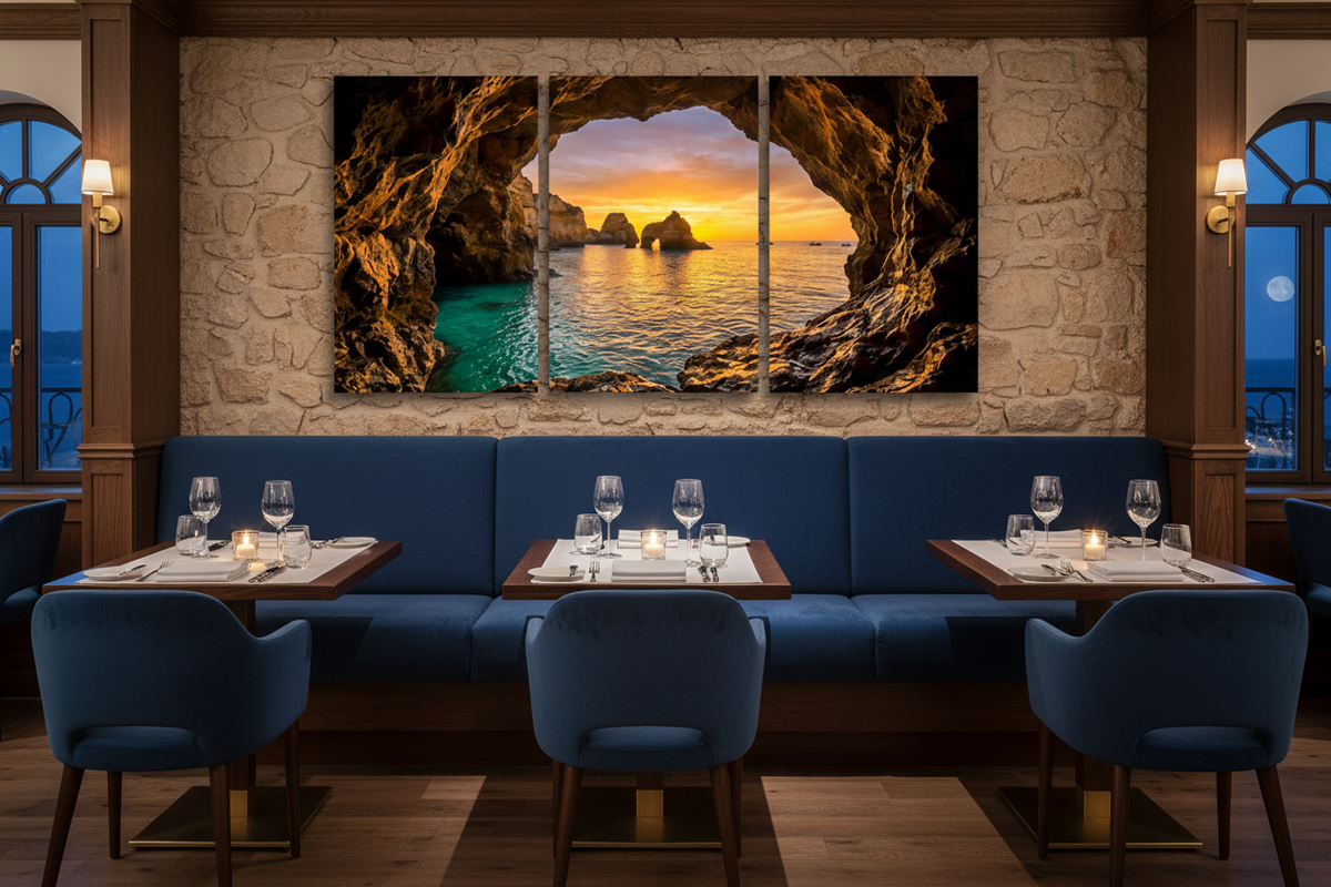 Three-panel Algarve cave sunset canvas triptych in a five-star fine-dining restaurant - Portugal Canvas Co