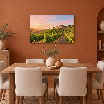 Portugal vineyard at sunset on a gallery-wrapped canvas on a warm terracotta wall in an elegant dining room with a wooden table - Portugal Canvas Co