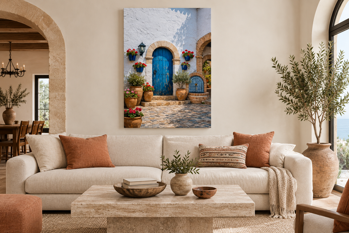 Mediterranean blue door canvas above a cream sofa in a terracotta-accented living room - Portugal Canvas Co