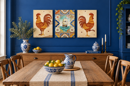 Barcelos rooster and Portuguese tall ship three-panel canvas set in a cobalt blue dining room - Portugal Canvas Co