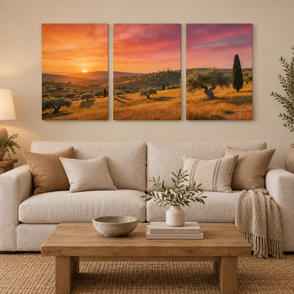Mediterranean sunset olive grove triptych canvas above a sofa in a cream and oak living room - Portugal Canvas Co