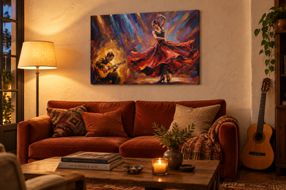Flamenco dancer and guitarist canvas wall art above a terracotta velvet sofa in a warmly lit evening living room with a classical guitar nearby - Portugal Canvas Co