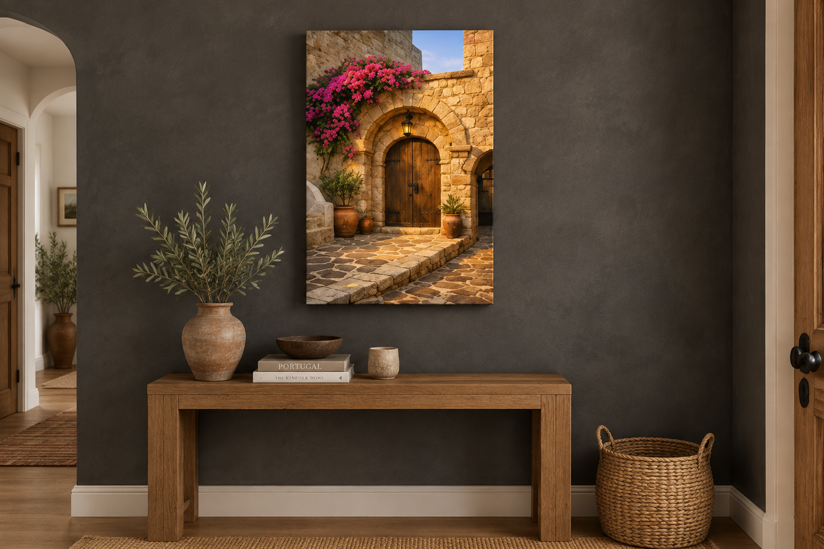 Mediterranean stone archway canvas wall art above an oak console in a charcoal limewash hallway - Portugal Canvas Co