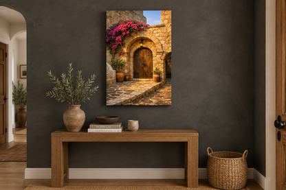 Mediterranean stone archway canvas wall art above an oak console in a charcoal limewash hallway - Portugal Canvas Co