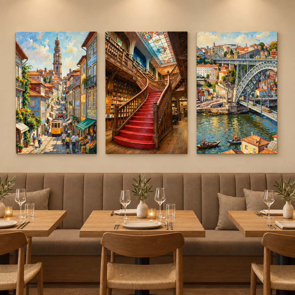 Porto three-panel canvas set showing a tram, Lello Bookstore staircase and Dom Luís Bridge in a neutral restaurant dining room - Portugal Canvas Co