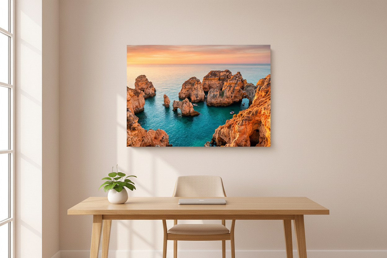Algarve Ponta da Piedade golden rock formations sea arches canvas wall art displayed above a wooden desk in a warm minimalist home study - Portugal Canvas Co