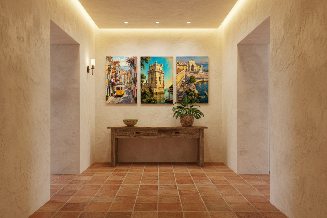 Lisbon cityscape triptych canvas wall art set displayed in a warm rustic hallway entryway - Portugal Canvas Co
