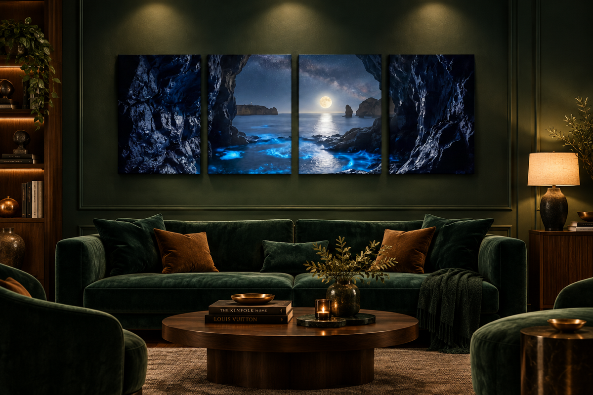 Moonlit sea cave four-panel canvas above an emerald sofa in a walnut-toned lounge - Portugal Canvas Co