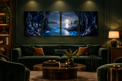 Moonlit sea cave four-panel canvas above an emerald sofa in a walnut-toned lounge - Portugal Canvas Co