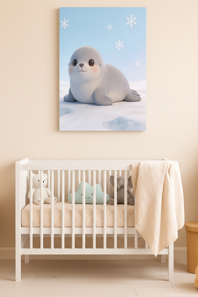 Cute baby seal nursery canvas wall art displayed above a white crib in a Scandinavian nursery - Portugal Canvas Co