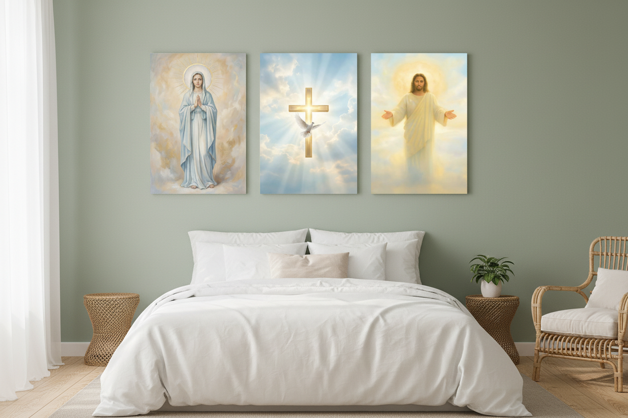 Heavenly religious triptych canvas wall art with Virgin Mary golden cross and Jesus on a sage green wall in a bright airy bedroom - Portugal Canvas Co