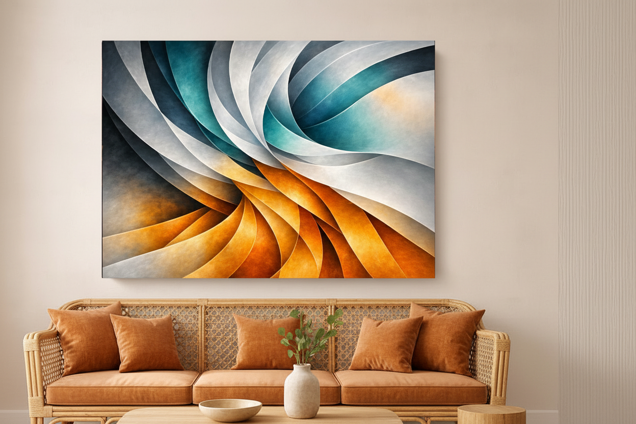 Vibrant swirl abstract canvas wall art displayed on warm white wall above rattan sofa in bright boho living room - Portugal Canvas Co