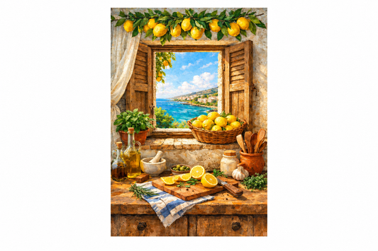 Portrait Mediterranean lemon and coastal window artwork on a pure white background - Portugal Canvas Co