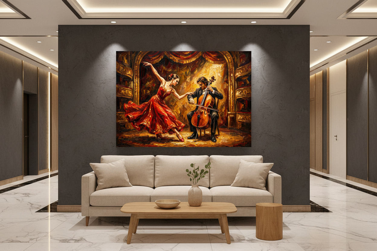 Flamenco dancer and cellist dramatic canvas wall art displayed on a dark charcoal wall in a luxury hotel lobby with marble floors and warm spotlighting - Portugal Canvas Co