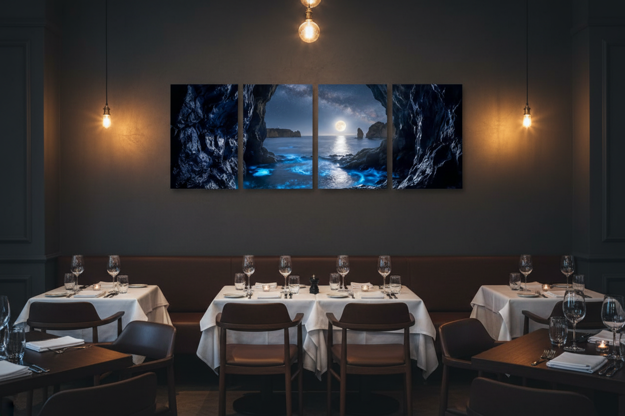 Moonlit sea cave four-panel canvas art displayed on a dark feature wall in an upscale restaurant dining room - Portugal Canvas Co