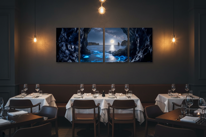 Moonlit sea cave four-panel canvas art displayed on a dark feature wall in an upscale restaurant dining room - Portugal Canvas Co