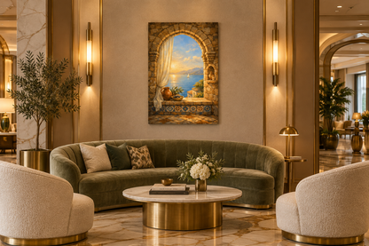 Mediterranean sunset archway canvas wall art above a curved sofa in an upscale hotel lobby lounge - Portugal Canvas Co