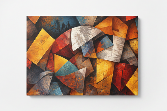 Modern abstract geometric canvas wall art flat lay on white background showing bold cubist shapes in amber orange red teal and silver - Portugal Canvas Co