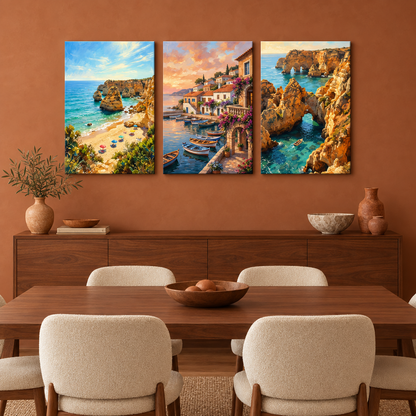 Algarve three-panel canvas set showing a beach, waterfront village and sea arches in a terracotta dining room - Portugal Canvas Co