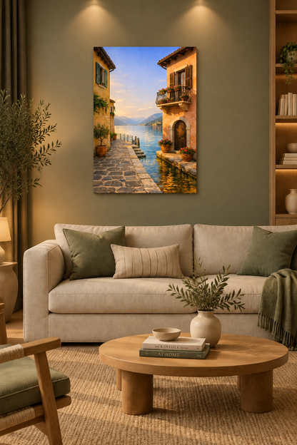 Vertical lakeside village canvas above a sofa in a sage and oak room lit by lamps - Portugal Canvas Co