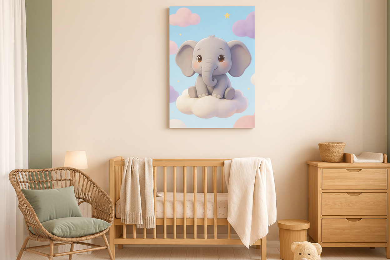 Cute elephant on cloud canvas wall art displayed in a sage green nursery with rattan furniture - Portugal Canvas Co