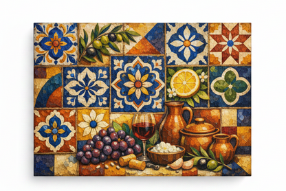 Mediterranean Mosaic Still Life Canvas flat lay on white background - Portugal Canvas Co