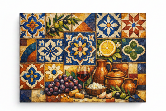Mediterranean Mosaic Still Life Canvas flat lay on white background - Portugal Canvas Co