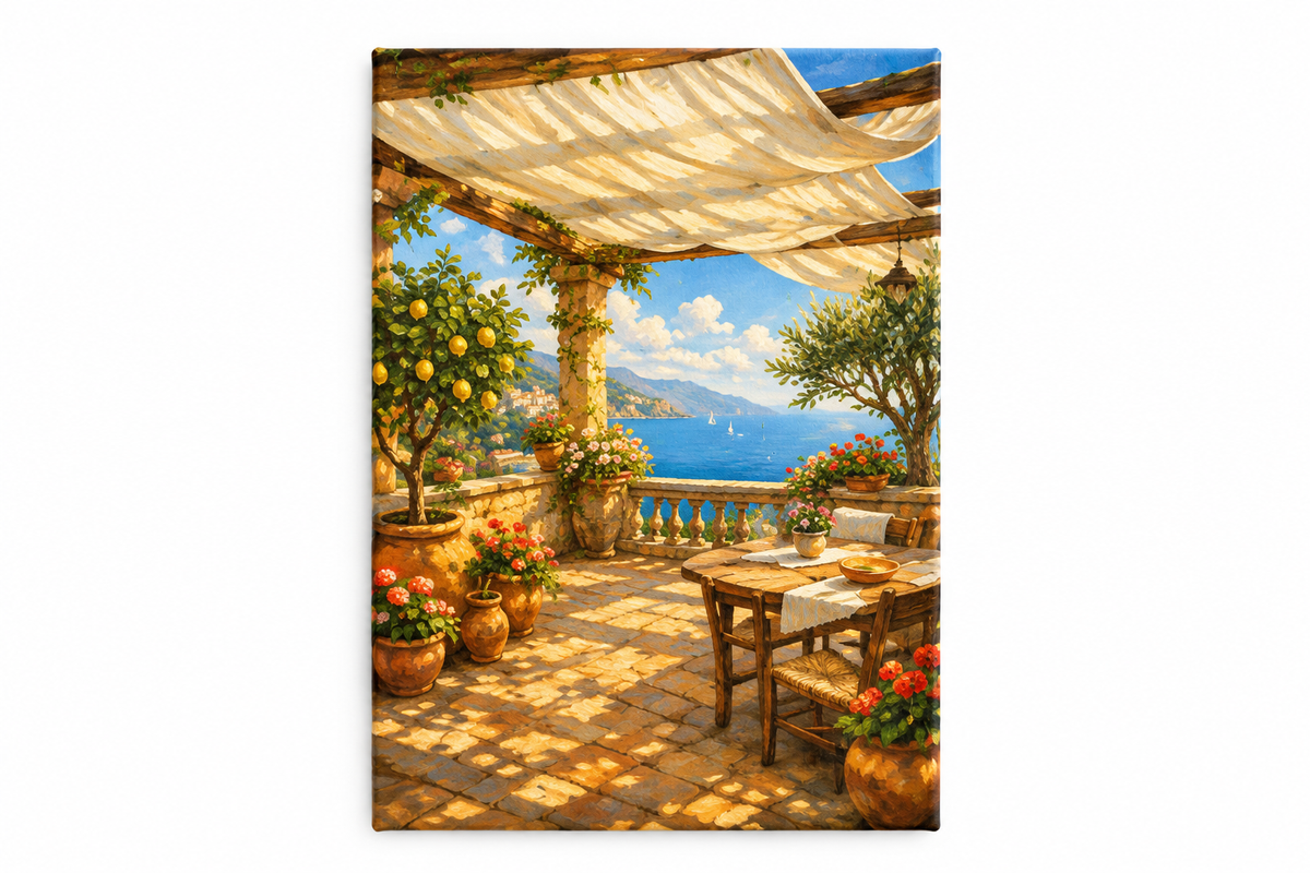 Mediterranean pergola terrace with lemon trees and sea view canvas wall art on white background - Portugal Canvas Co