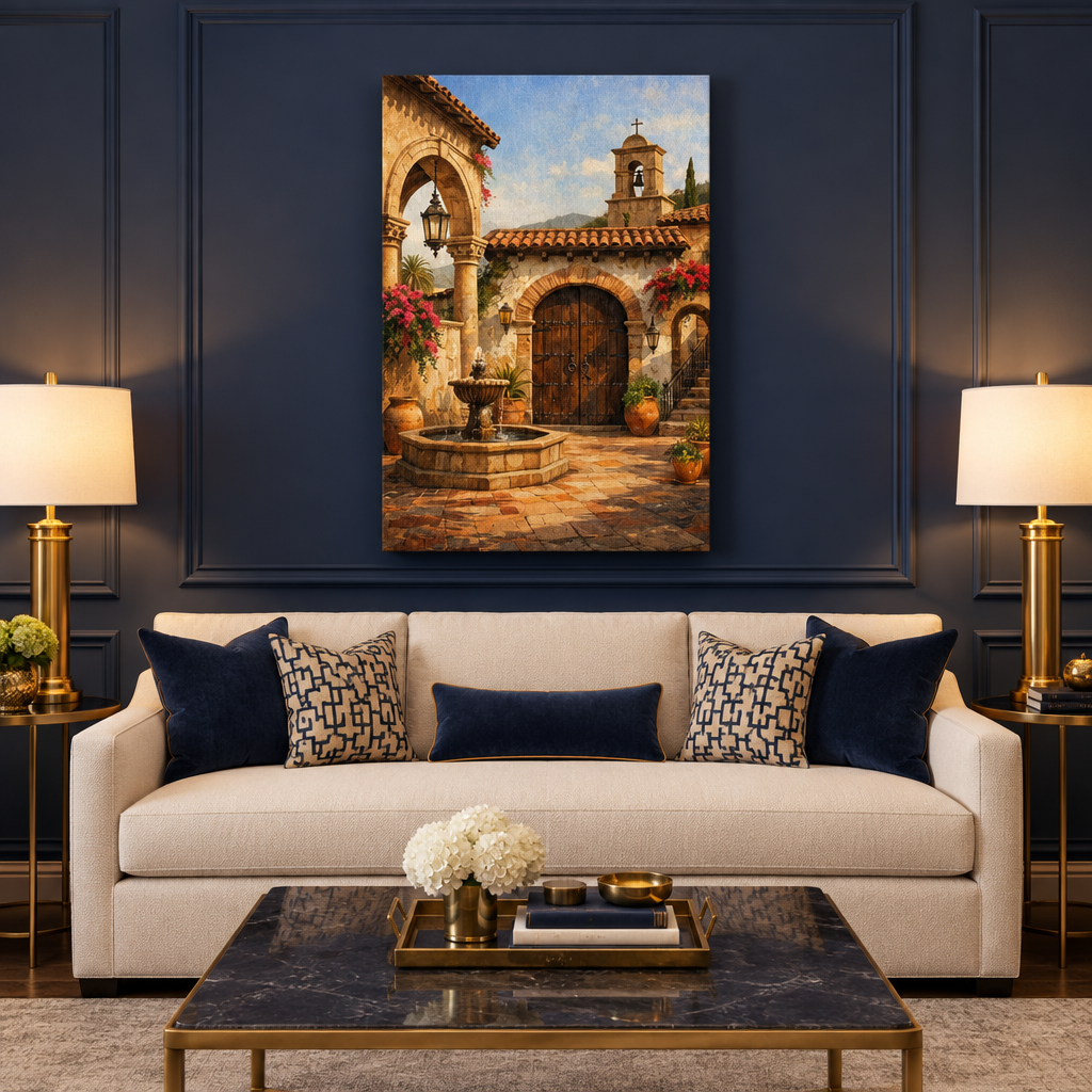 Mediterranean courtyard archway and stone fountain portrait canvas in a navy lounge - Portugal Canvas Co