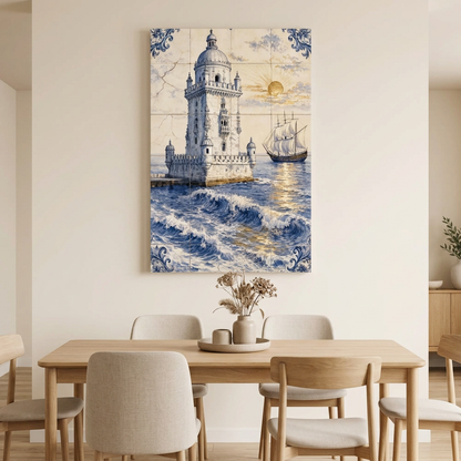 Belem Tower Portuguese azulejo-style canvas with ocean waves and sailing ship in an elegant neutral dining room - Portugal Canvas Co