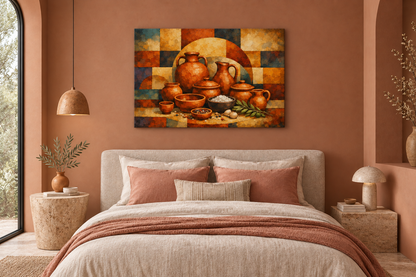 Terracotta ceramic still life gallery-wrapped canvas in a terracotta and blush bedroom, evenly lit - Portugal Canvas Co