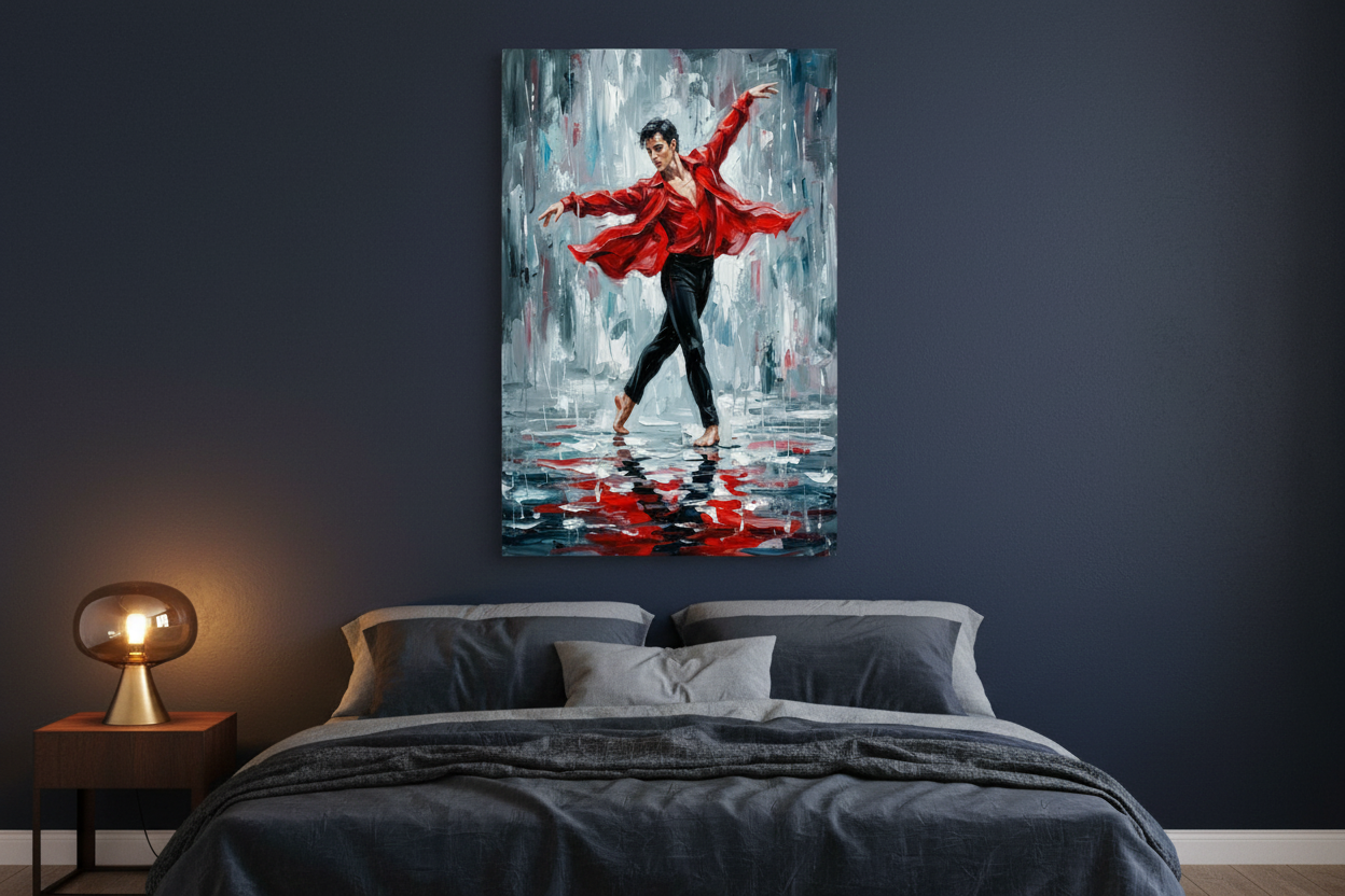 Male flamenco dancer red shirt canvas wall art on a navy wall in a moody sophisticated bedroom with gold lamp - Portugal Canvas Co