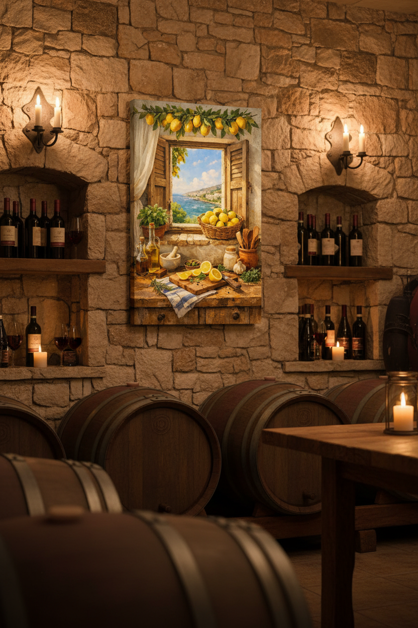 Mediterranean lemon kitchen still life canvas wall art displayed on a stone wall in a rustic winery tasting room with wine barrels and candlelight - Portugal Canvas Co