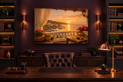 Mediterranean harbour sunset balcony canvas in a plum and charcoal home office with copper lighting - Portugal Canvas Co