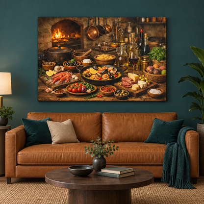 Mediterranean rustic feast canvas with paella and seafood in a teal living room - Portugal Canvas Co