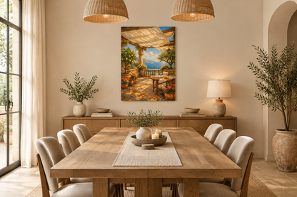 Mediterranean pergola terrace canvas wall art above a wooden sideboard in an elegant dining room - Portugal Canvas Co