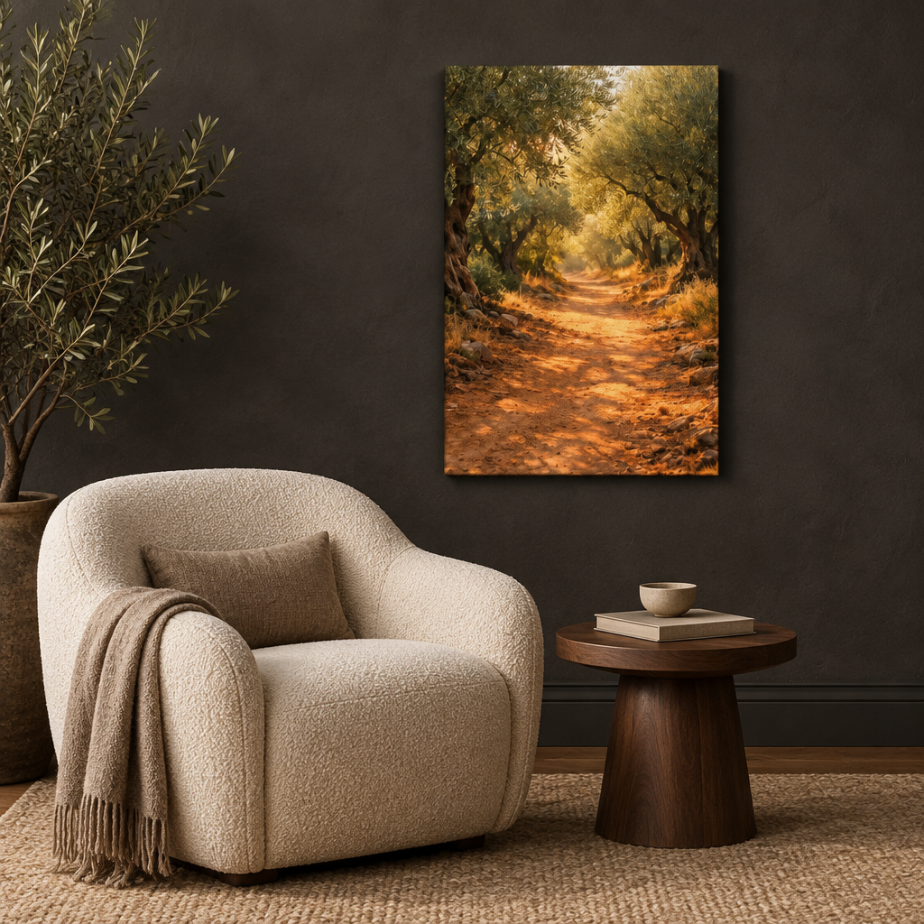 Sunlit olive grove path canvas beside a cream lounge chair against a charcoal wall - Portugal Canvas Co