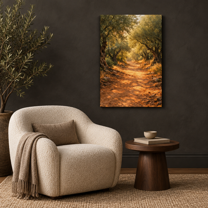 Sunlit olive grove path canvas beside a cream lounge chair against a charcoal wall - Portugal Canvas Co