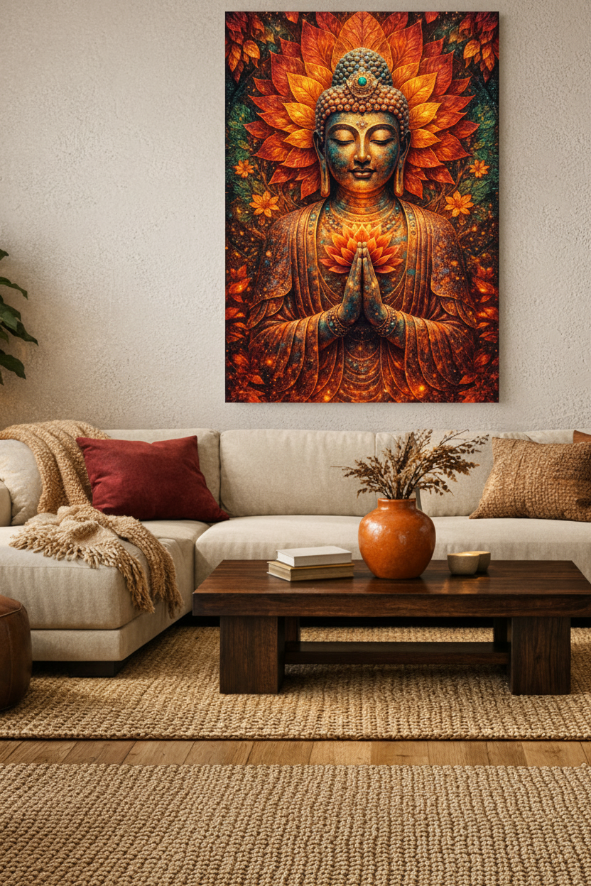 Golden serenity Buddha radiant lotus meditation canvas wall art above a cream sofa with rust cushions in a warm bohemian living room - Portugal Canvas Co