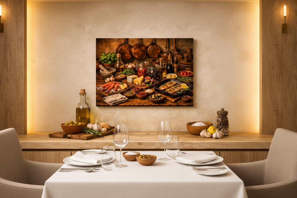 Mediterranean seafood and fish still life canvas wall art in luxury boutique hotel dining room with elegant tableware and warm lighting - Portugal Canvas Co