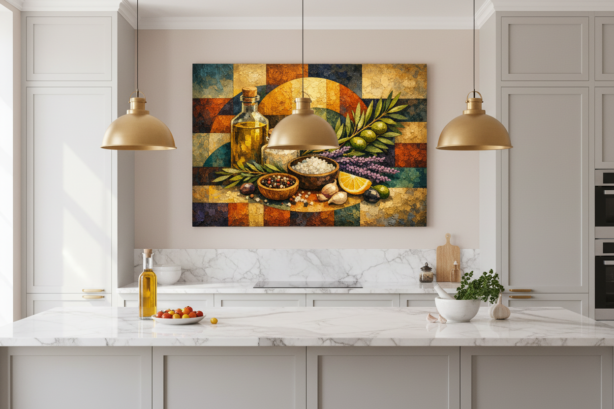 Mediterranean ingredients still life cubist canvas wall art displayed in a bright modern kitchen interior - Portugal Canvas Co
